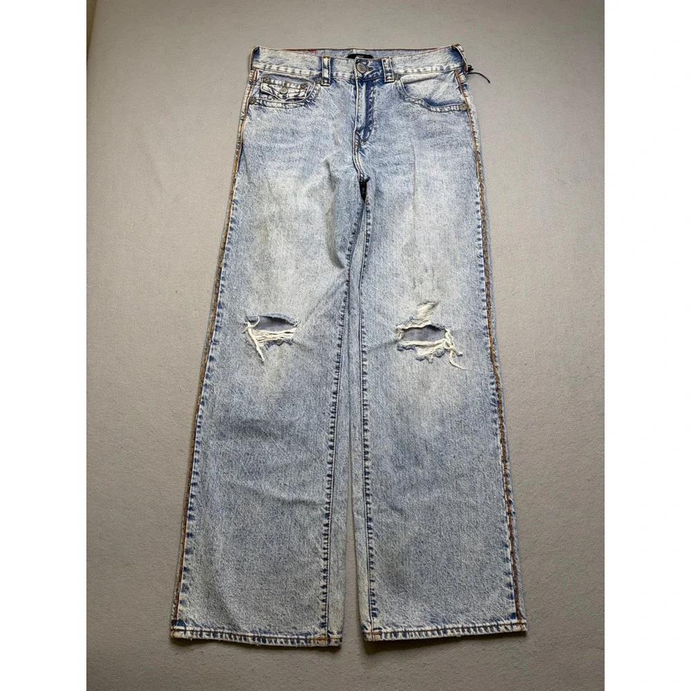 True Religion Jeans Mens 33 Blue Vinny Ultra Baggy Distressed Acid Wash Y2K
